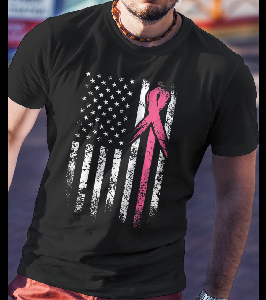 Breast Cancer Awareness American Flag Grunge T-Shirt
