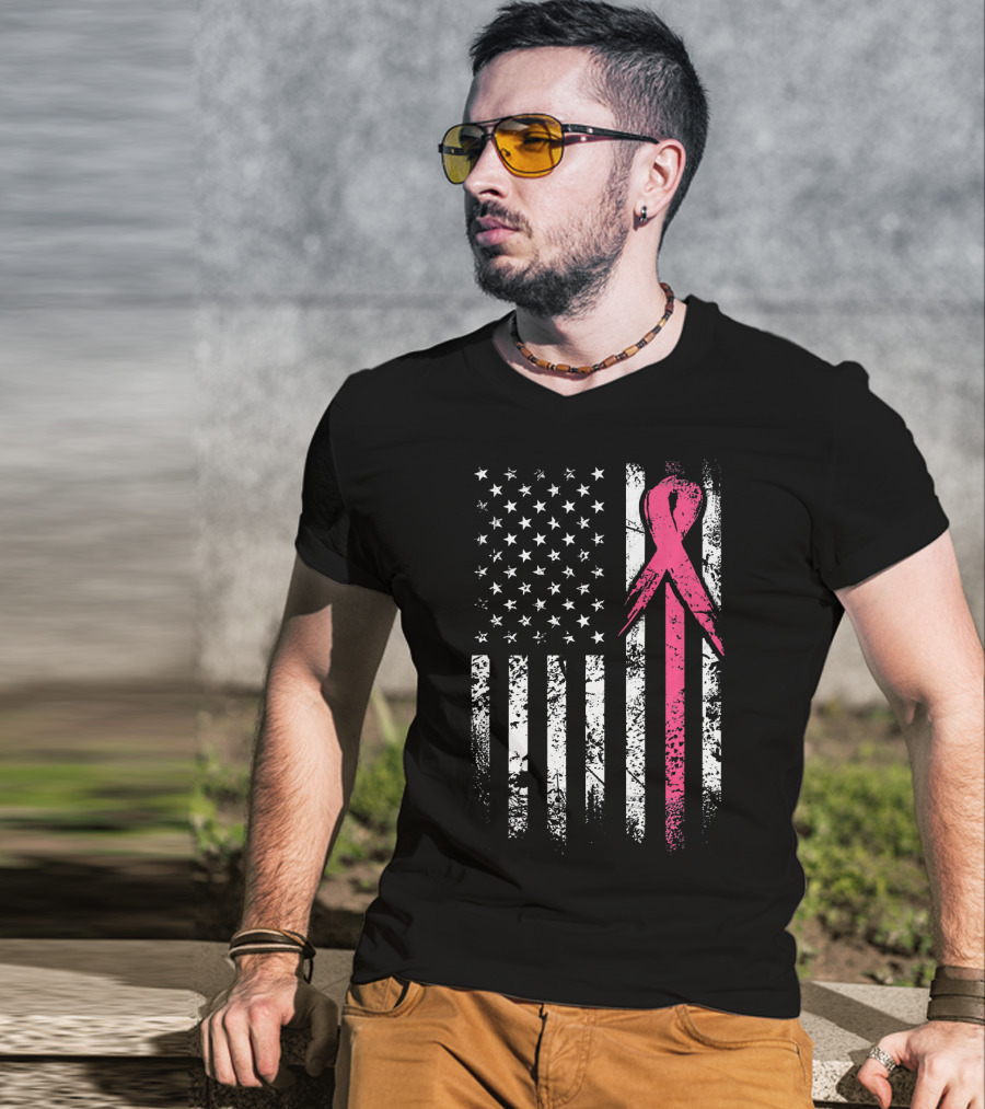 Breast Cancer Awareness American Flag Grunge T-Shirt