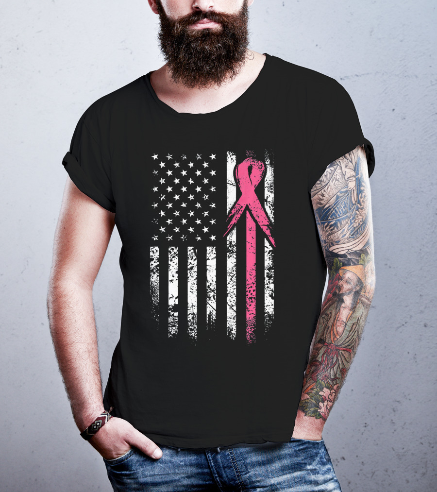 Breast Cancer Awareness American Flag Grunge T-Shirt