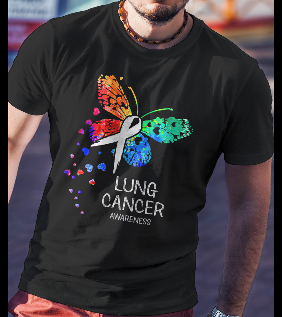 Lung Cancer Awareness Rainbow Butterfly T-Shirt