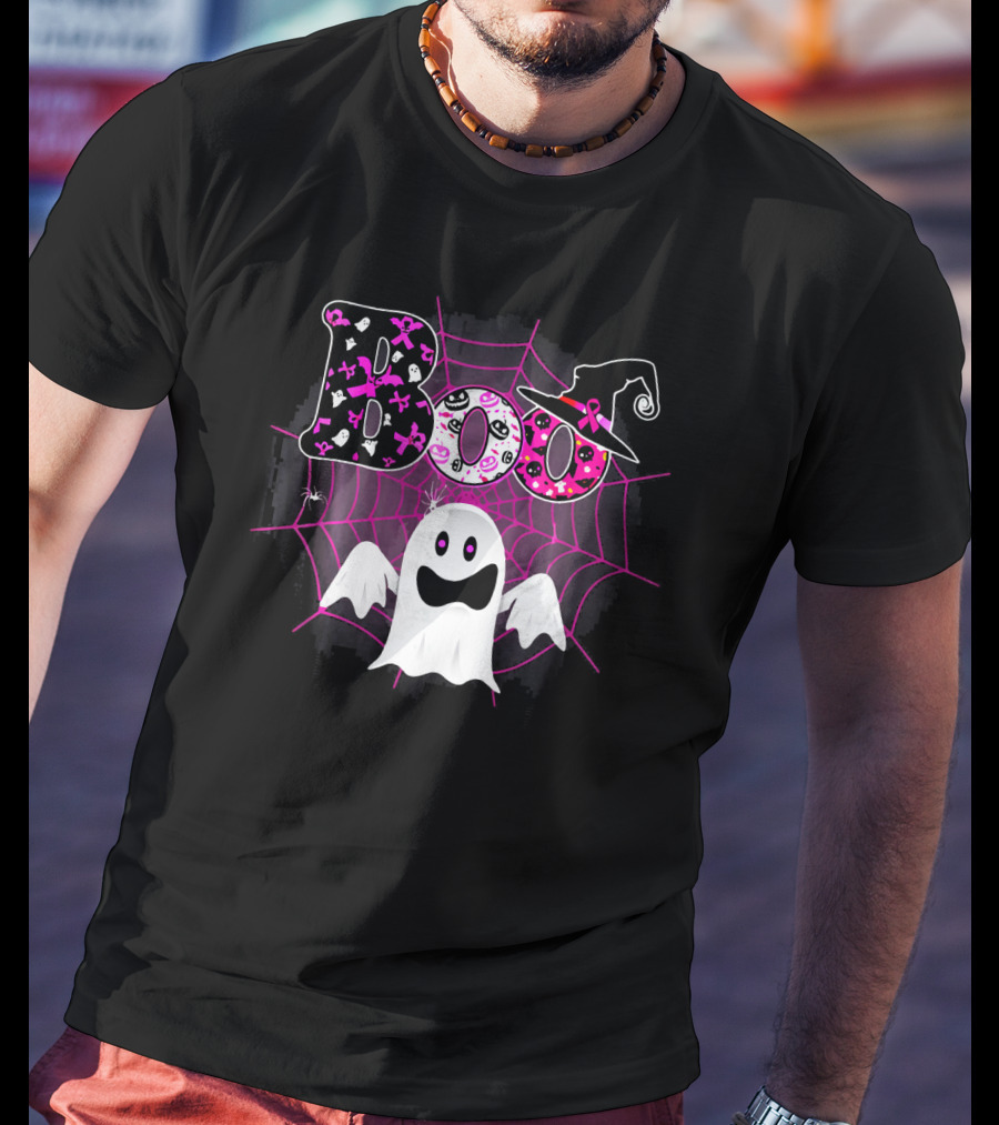 Boo Breast Cancer Awareness Ghost With Witch Hat And Pink Ribbon Web T-Shirt