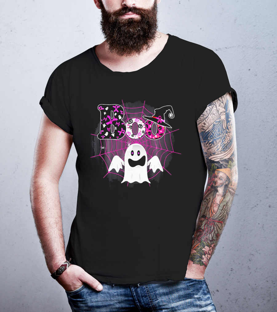Boo Breast Cancer Awareness Ghost With Witch Hat And Pink Ribbon Web T-Shirt