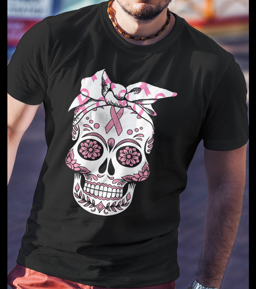 Day Of The Dead Skull With Pink Ribbon For Breast Cancer Awareness T-Shirt