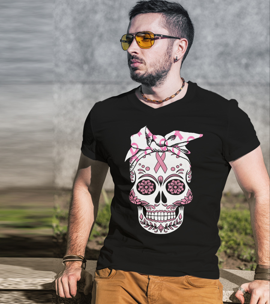 Day Of The Dead Skull With Pink Ribbon For Breast Cancer Awareness T-Shirt