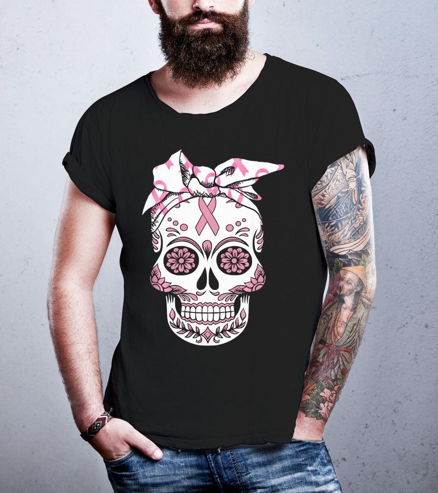 Day Of The Dead Skull With Pink Ribbon For Breast Cancer Awareness T-Shirt
