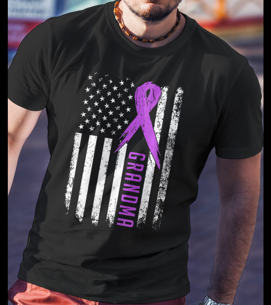 Grandma American Flag Purple Ribbon Pancreatic Cancer Awareness T-Shirt