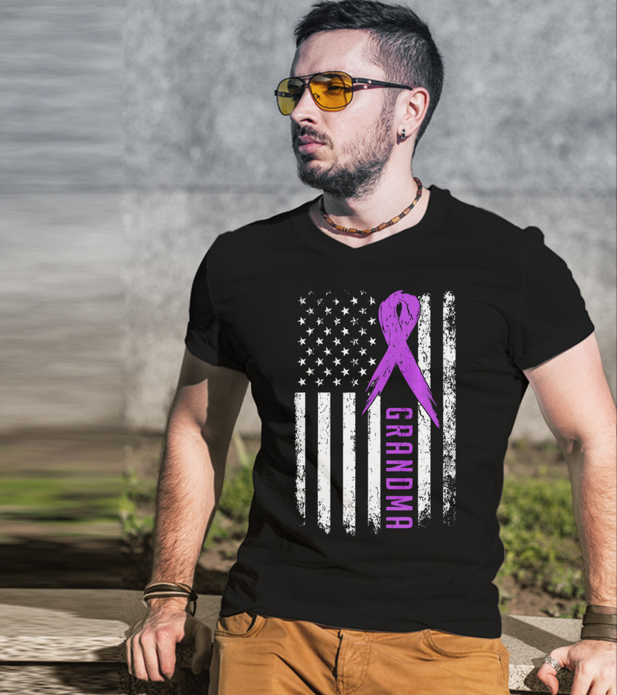 Grandma American Flag Purple Ribbon Pancreatic Cancer Awareness T-Shirt