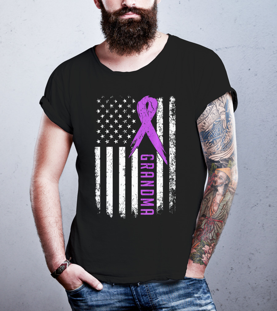 Grandma American Flag Purple Ribbon Pancreatic Cancer Awareness T-Shirt