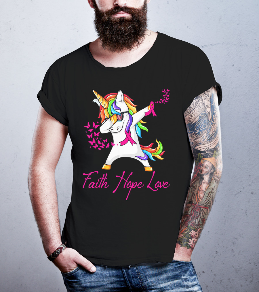 Faith Hope Love Pink Unicorn Breast Cancer Awareness T-Shirt