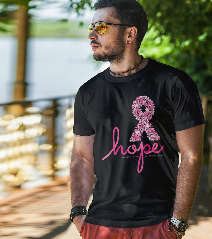 Hope Breast Cancer Awareness Month Pink Ribbon Floral T-Shirt