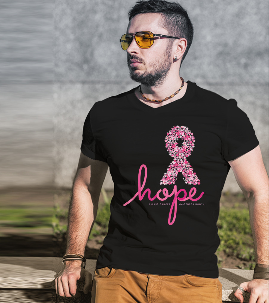 Hope Breast Cancer Awareness Month Pink Ribbon Floral T-Shirt