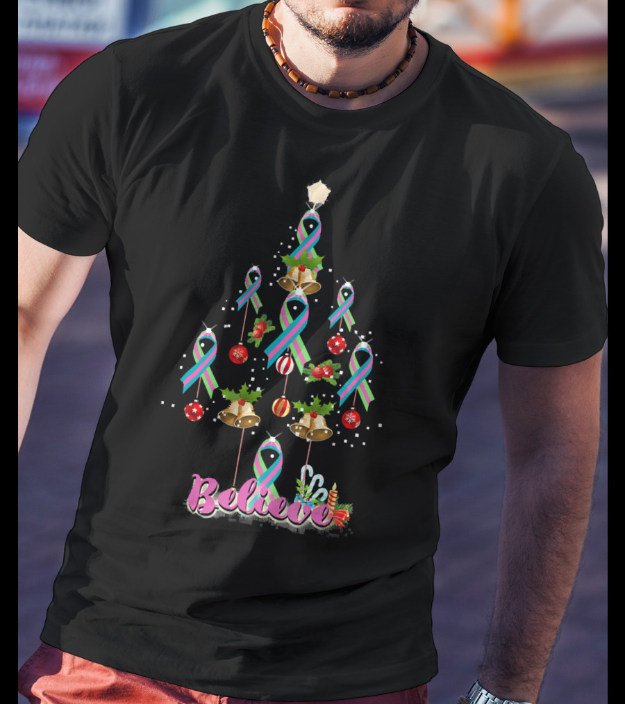 Believe Christmas Tree Metastatic Breast Cancer Awareness T-Shirt