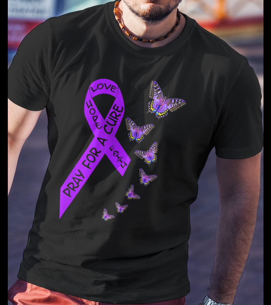 Pray For A Cure Love Hope Purple Ribbon Butterflies Pancreatic Cancer Awareness T-Shirt