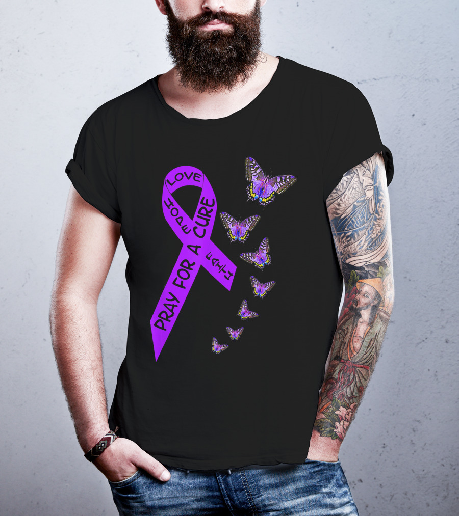 Pray For A Cure Love Hope Purple Ribbon Butterflies Pancreatic Cancer Awareness T-Shirt