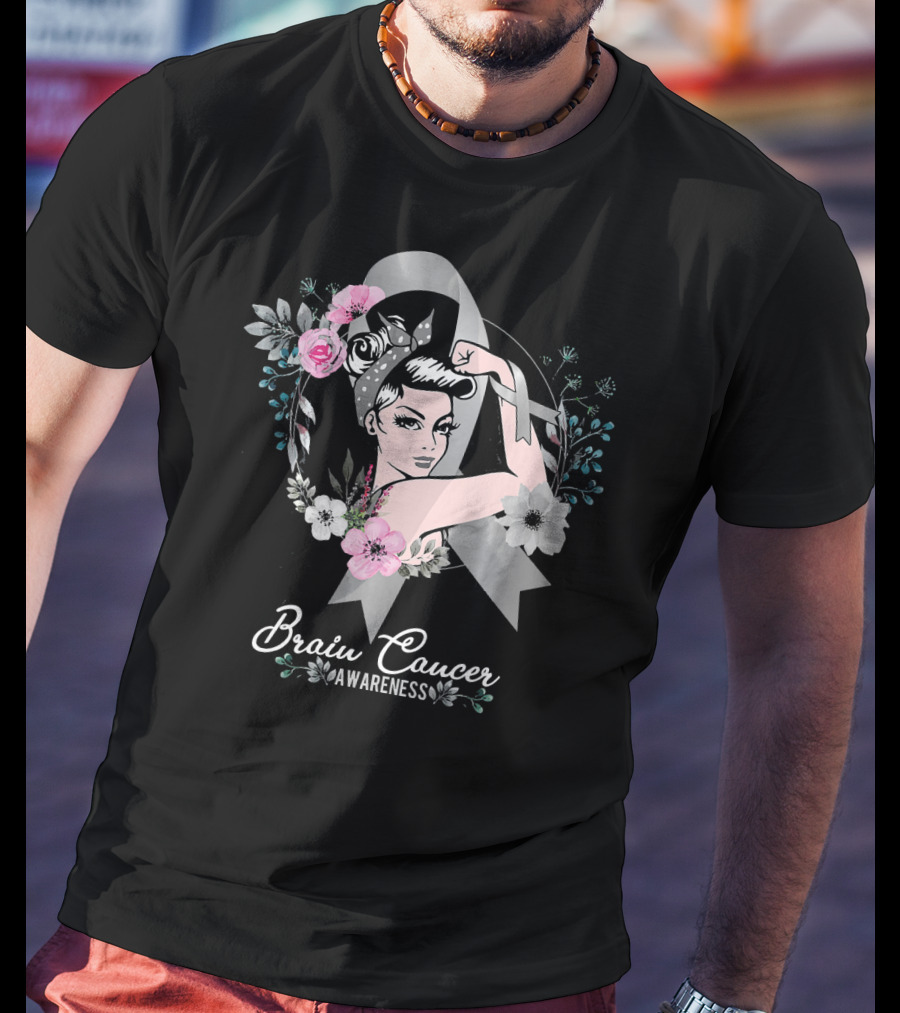 BRAIN CANCER AWARENESS Woman Gray Ribbon Floral T-Shirt