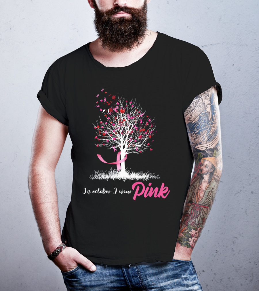 In October We Wear Pink Tree Breast Cancer Awareness Ribbon Hearts T-Shirt