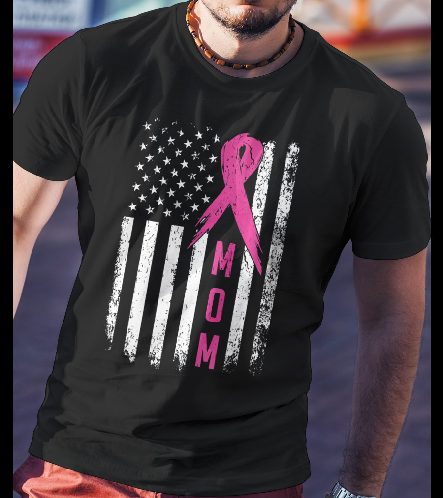 Mom Pink Ribbon American Flag Breast Cancer Awareness T-Shirt