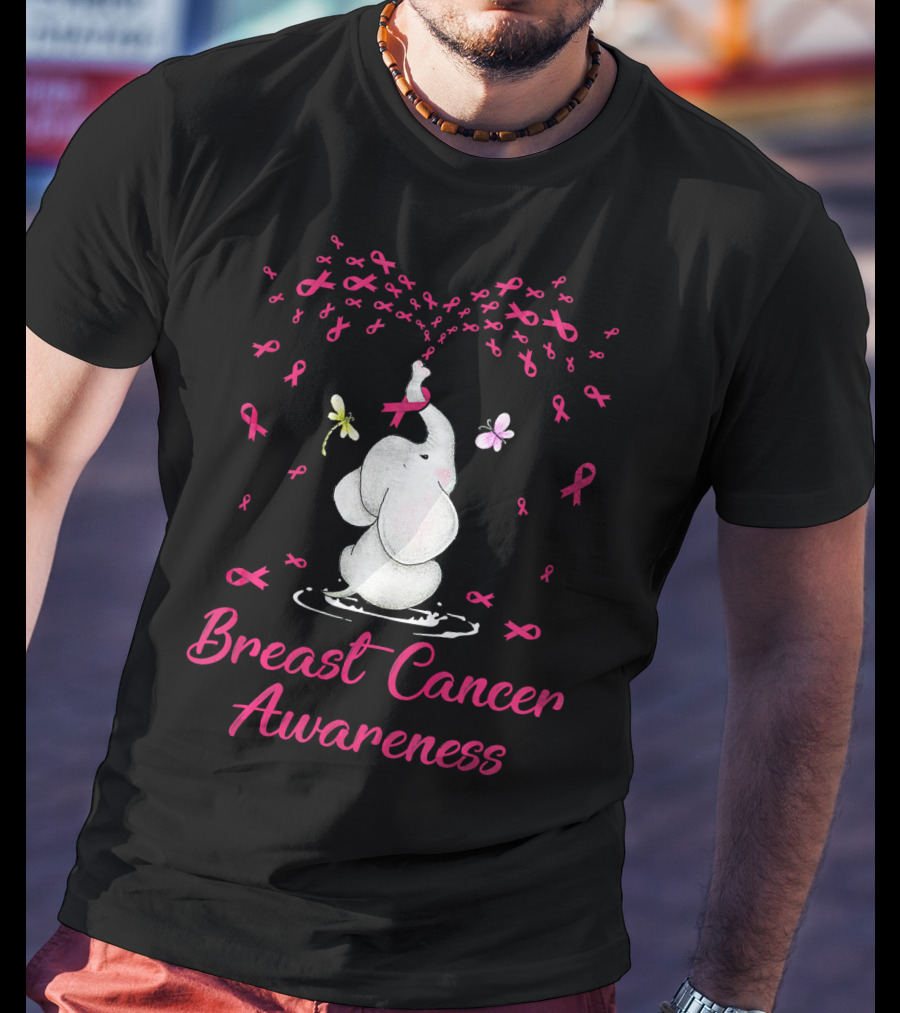 Elephant With Ribbon Breast Cancer Awareness With Butterflies And Ribbons T-Shirt