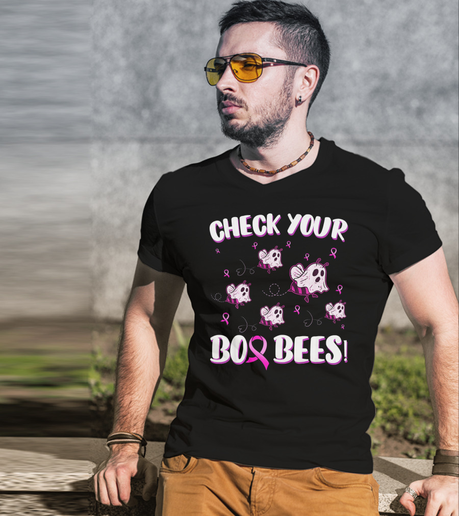 Check Your Boo Bees Breast Cancer Awareness Funny Ghost Bees T-Shirt