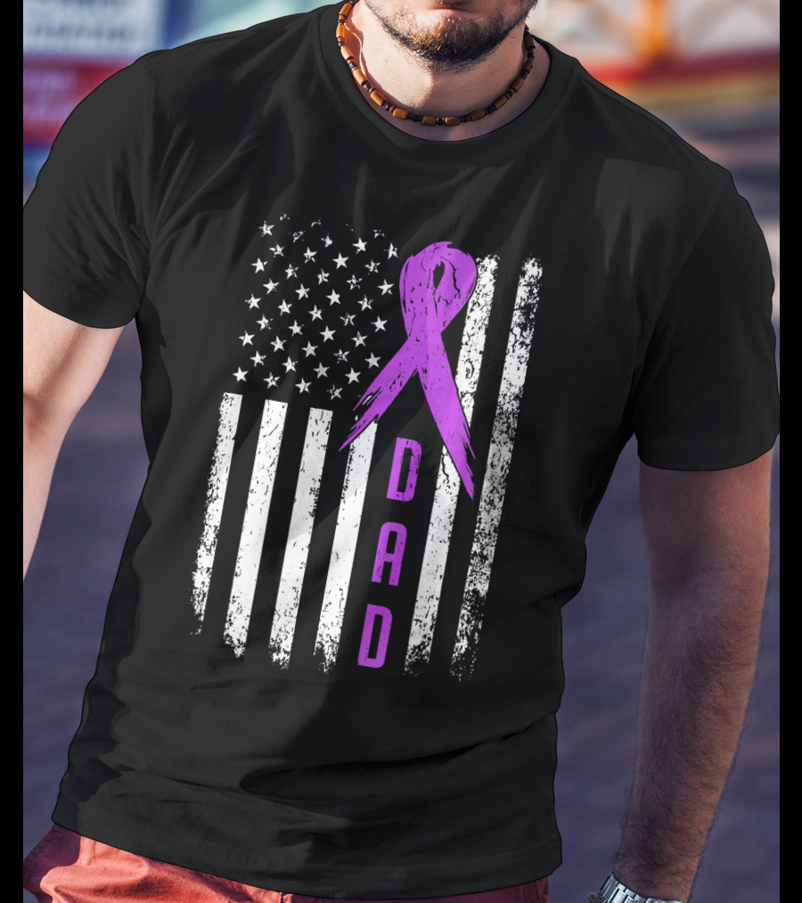 Dad American Flag Pancreatic Cancer Awareness Purple T-Shirt