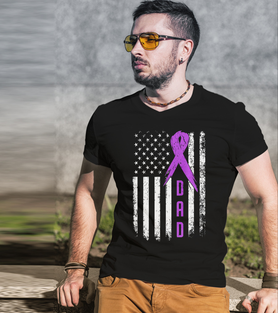 Dad American Flag Pancreatic Cancer Awareness Purple T-Shirt