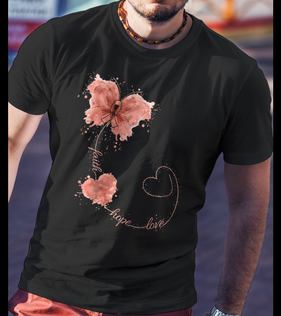 Faith Hope Love Butterfly Ribbon Uterine Cancer Awareness T-Shirt
