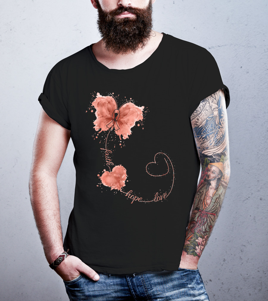 Faith Hope Love Butterfly Ribbon Uterine Cancer Awareness T-Shirt