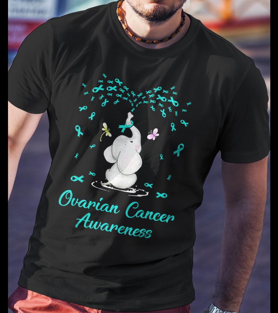 Ovarian Cancer Awareness Elephant With Ribbon And Butterflies T-Shirt