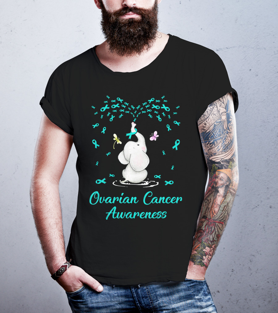 Ovarian Cancer Awareness Elephant With Ribbon And Butterflies T-Shirt