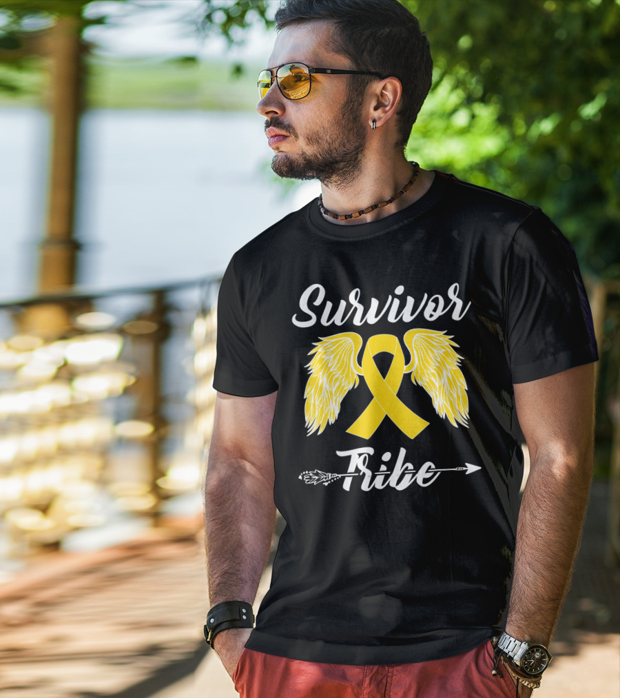 Survivor Tribe Childhood Cancer Awareness Yellow Ribbon Wings T-Shirt