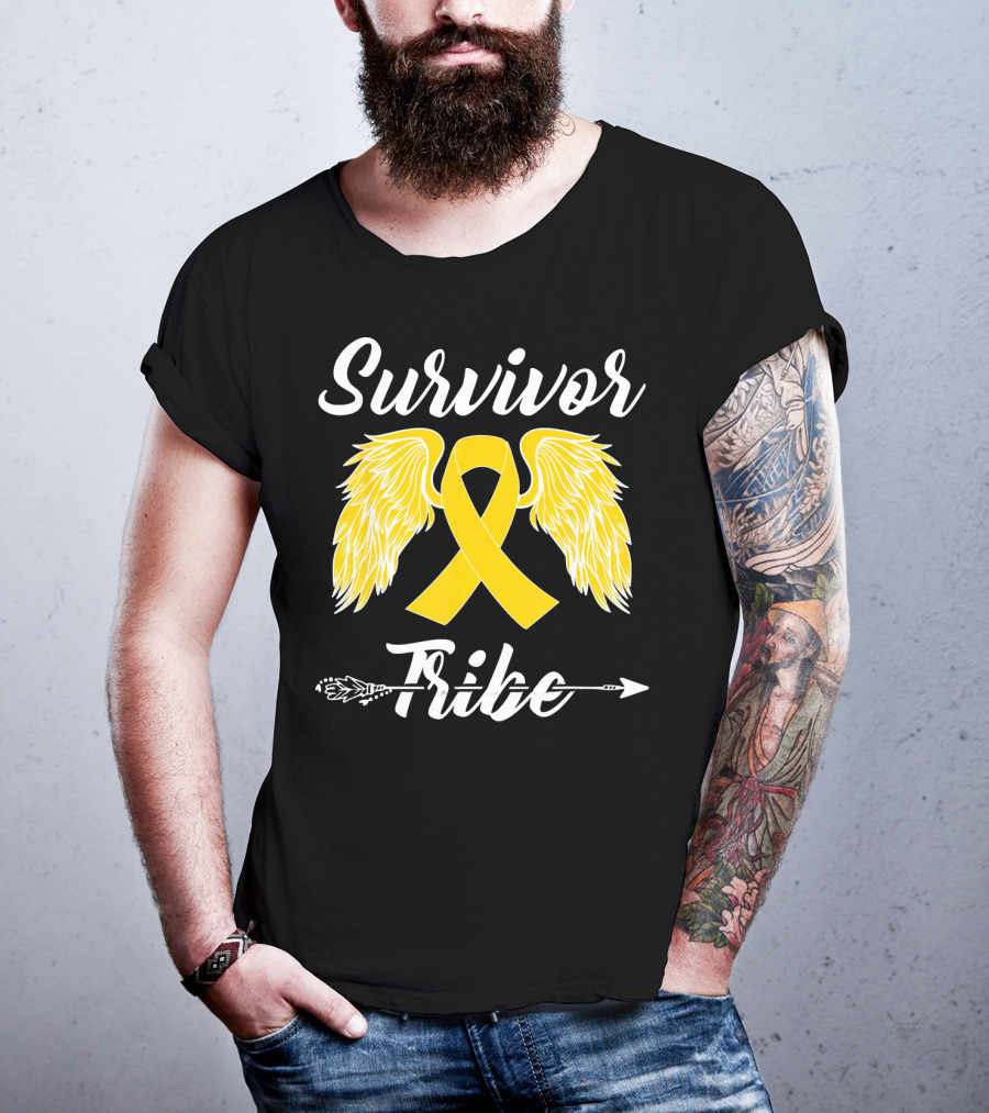 Survivor Tribe Childhood Cancer Awareness Yellow Ribbon Wings T-Shirt