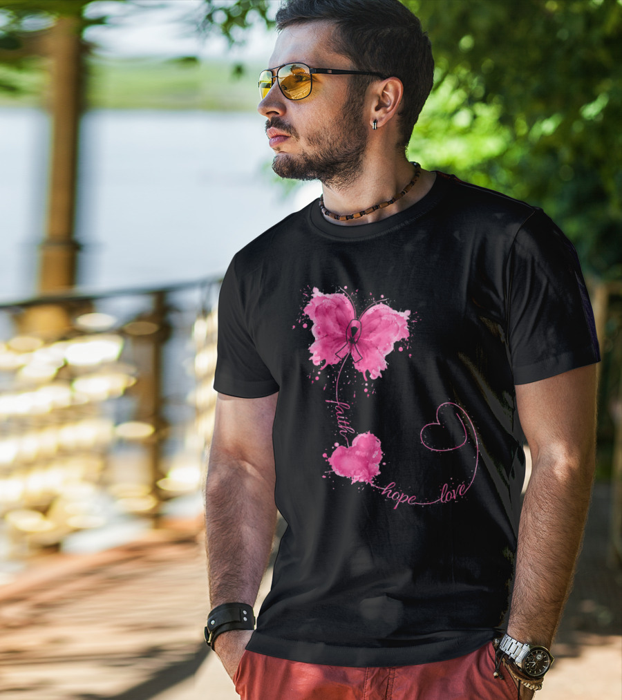 Faith Hope Love Butterfly With Pink Ribbon Breast Cancer Awareness T-Shirt
