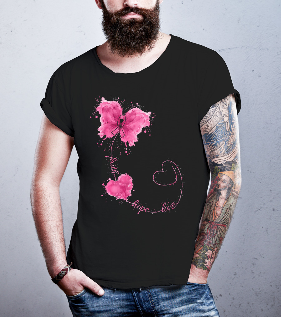Faith Hope Love Butterfly With Pink Ribbon Breast Cancer Awareness T-Shirt