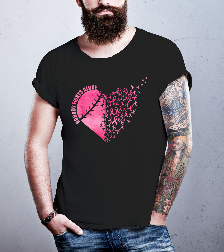 Nobody Fights Alone Heart Pink Ribbons Baseball Softball T-Shirt