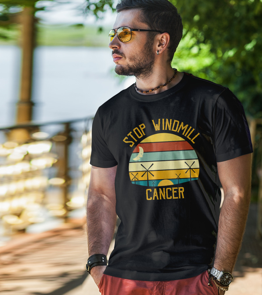 Stop Windmill Cancer Awareness Moon Sunset Stripes T-Shirt