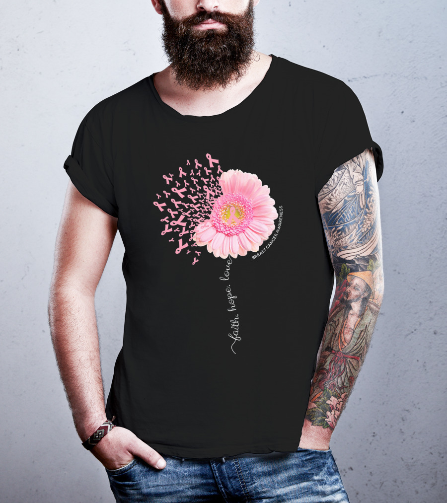 Faith Hope Love Dandelion Daisy Breast Cancer Awareness T-Shirt