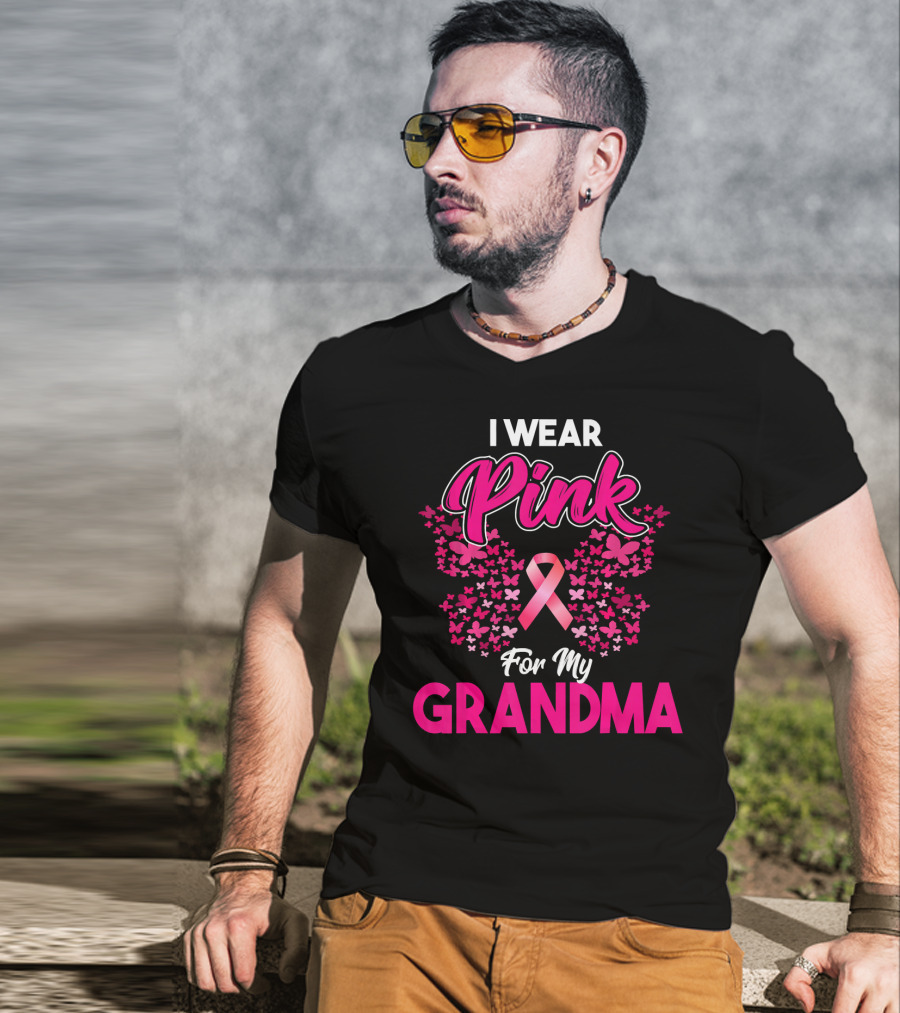 I Wear Pink For My Grandma Breast Cancer Awareness Month Ribbon Butterfly T-Shirt