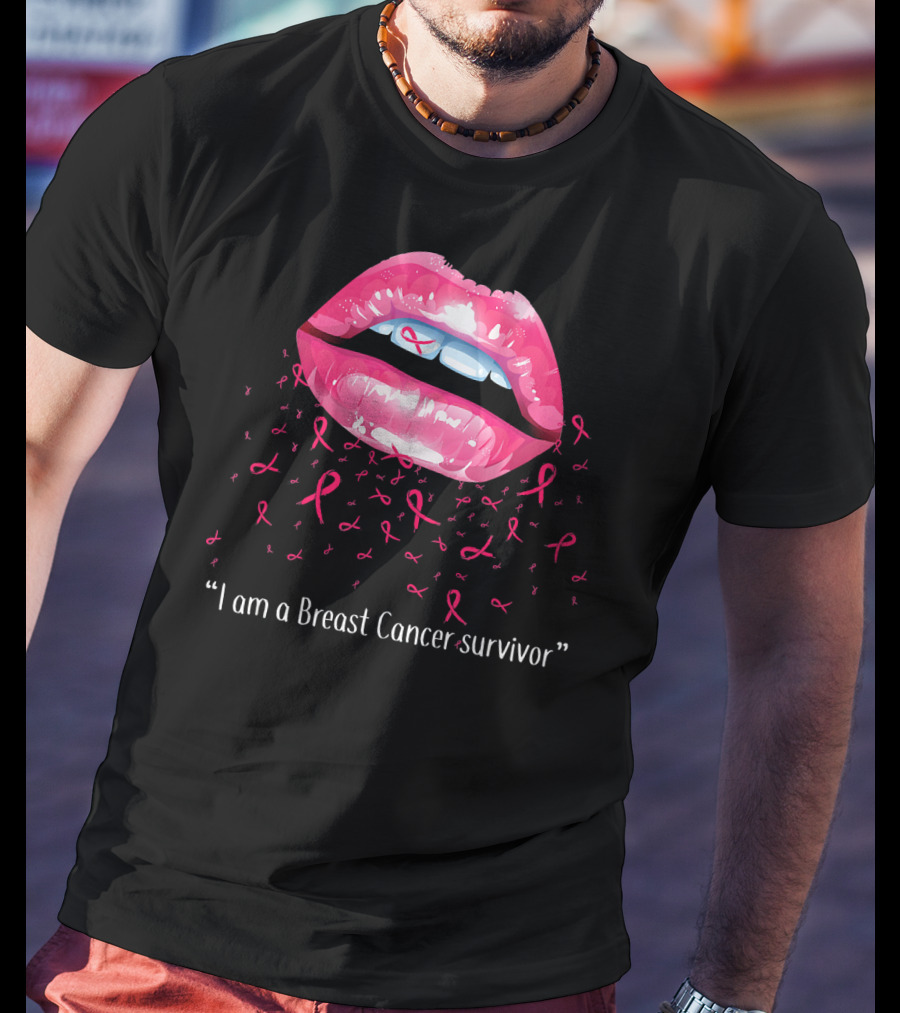 I Am A Breast Cancer Survivor Pink Ribbon Lips T-Shirt