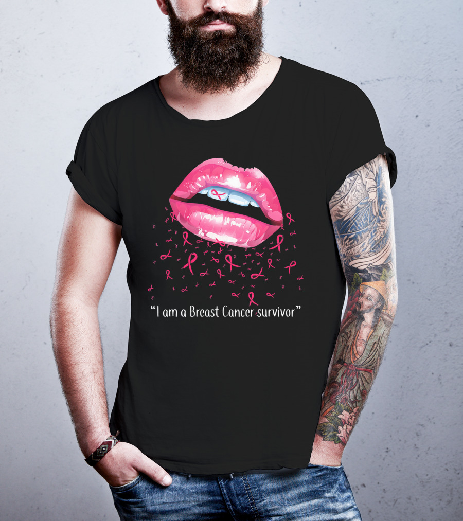 I Am A Breast Cancer Survivor Pink Ribbon Lips T-Shirt