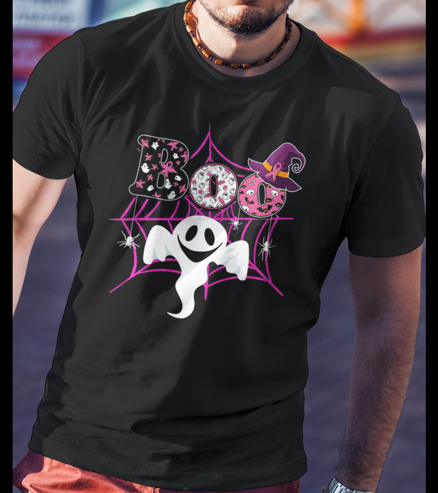 BOO Ghost Pink Ribbon Breast Cancer Awareness Halloween Spider Web Hat T-Shirt