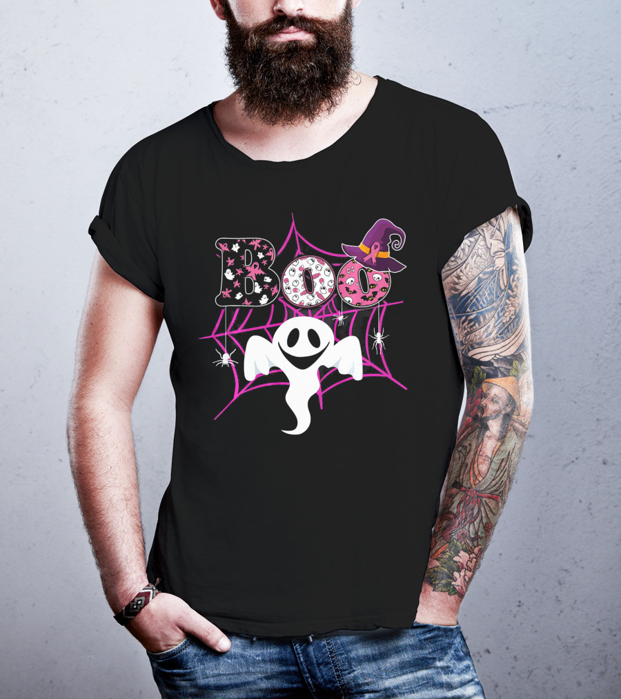 BOO Ghost Pink Ribbon Breast Cancer Awareness Halloween Spider Web Hat T-Shirt