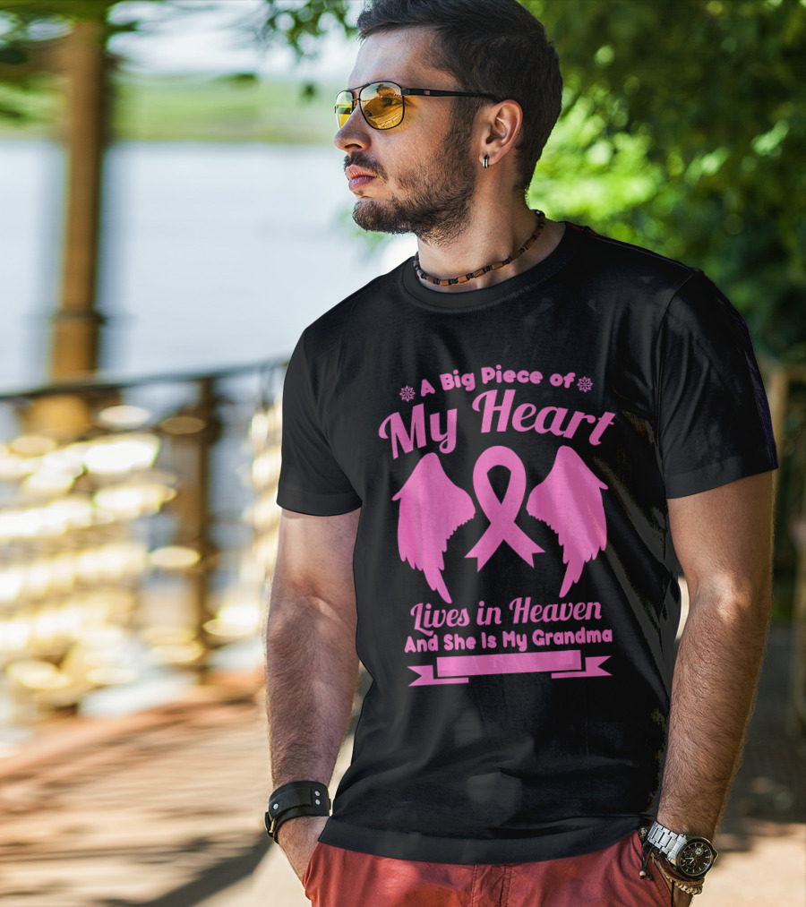 A Big Piece Of My Heart Lives In Heaven And She Is My Grandma Breast Cancer Awareness Wings T-Shirt