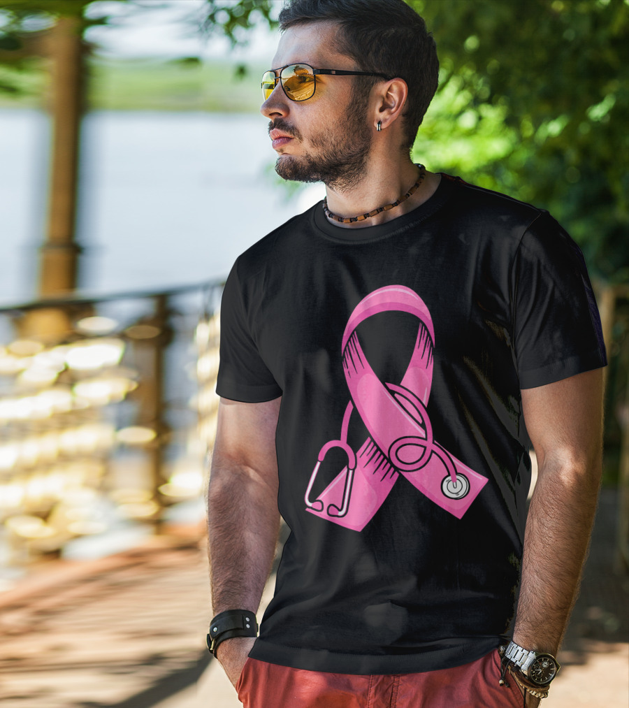Pink Ribbon Heartbeat Nurse Doctor Breast Cancer Awareness Stethoscope T-Shirt
