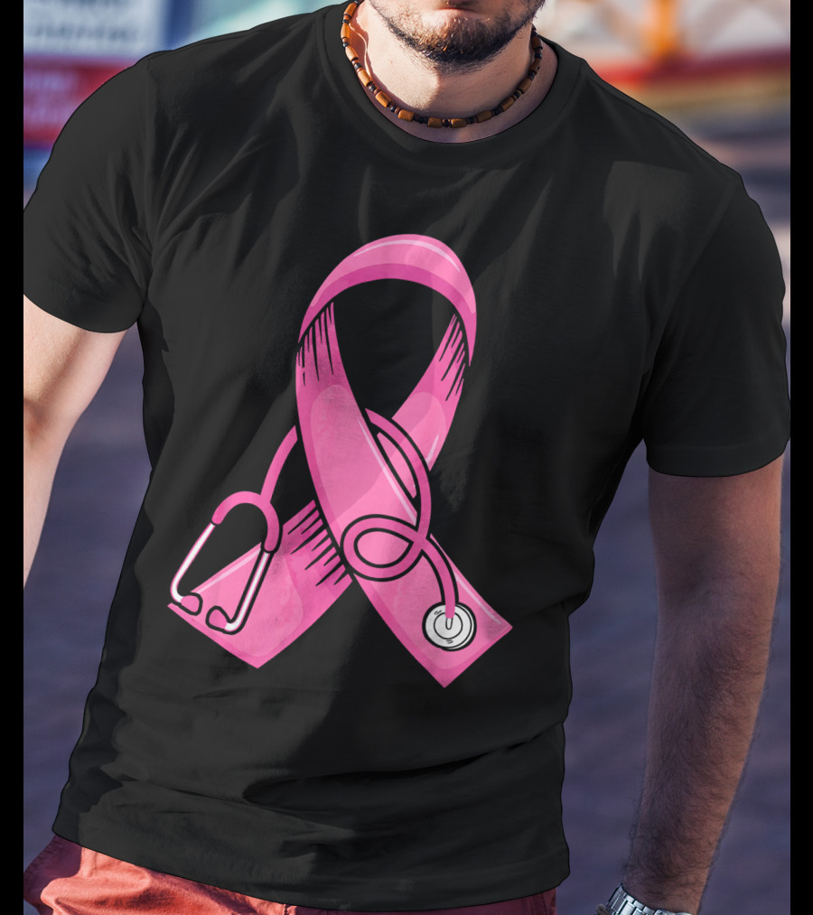Pink Ribbon Heartbeat Nurse Doctor Breast Cancer Awareness Stethoscope T-Shirt