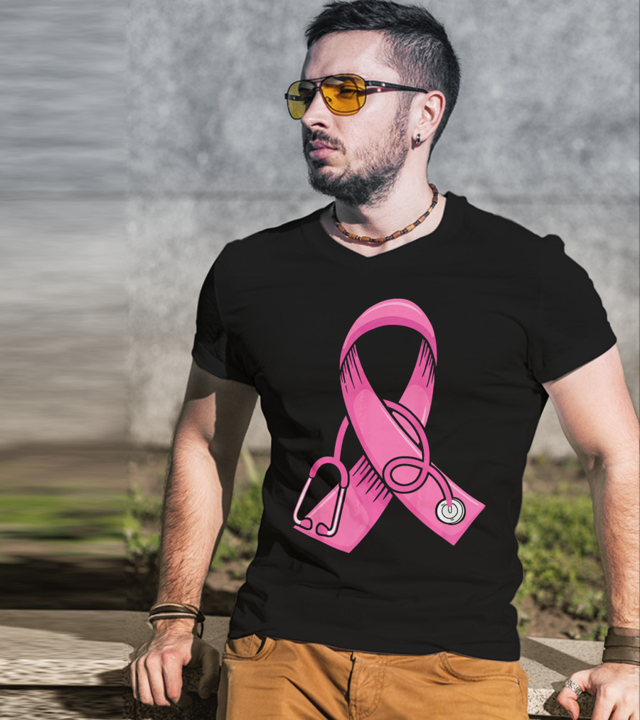Pink Ribbon Heartbeat Nurse Doctor Breast Cancer Awareness Stethoscope T-Shirt