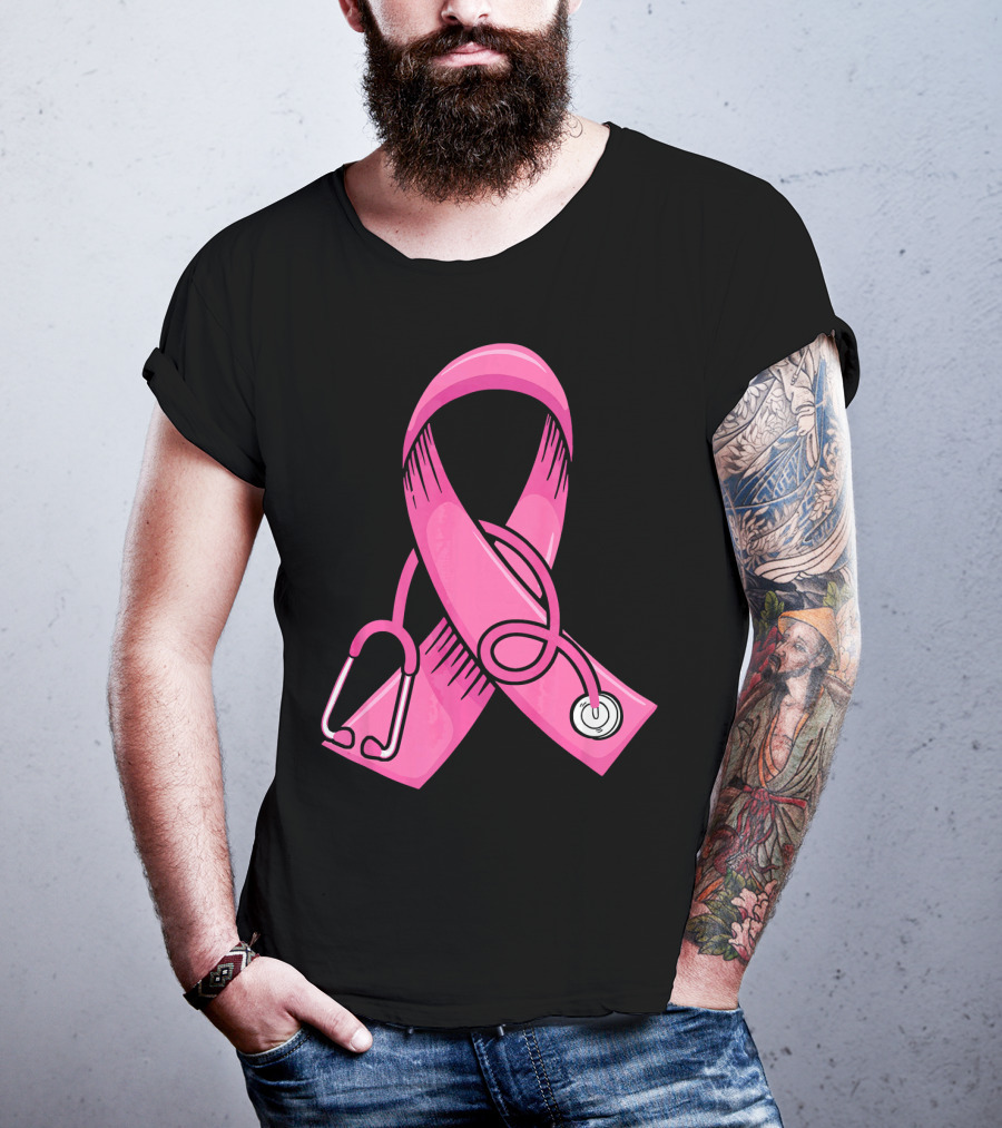 Pink Ribbon Heartbeat Nurse Doctor Breast Cancer Awareness Stethoscope T-Shirt
