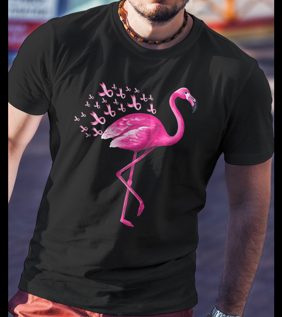 Pink Flamingo With Breast Cancer Awareness Ribbons T-Shirt