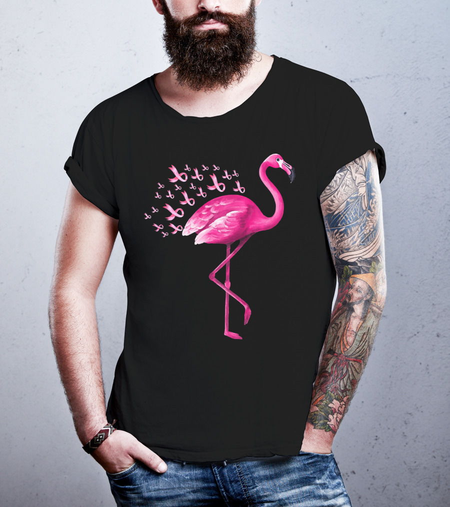 Pink Flamingo With Breast Cancer Awareness Ribbons T-Shirt