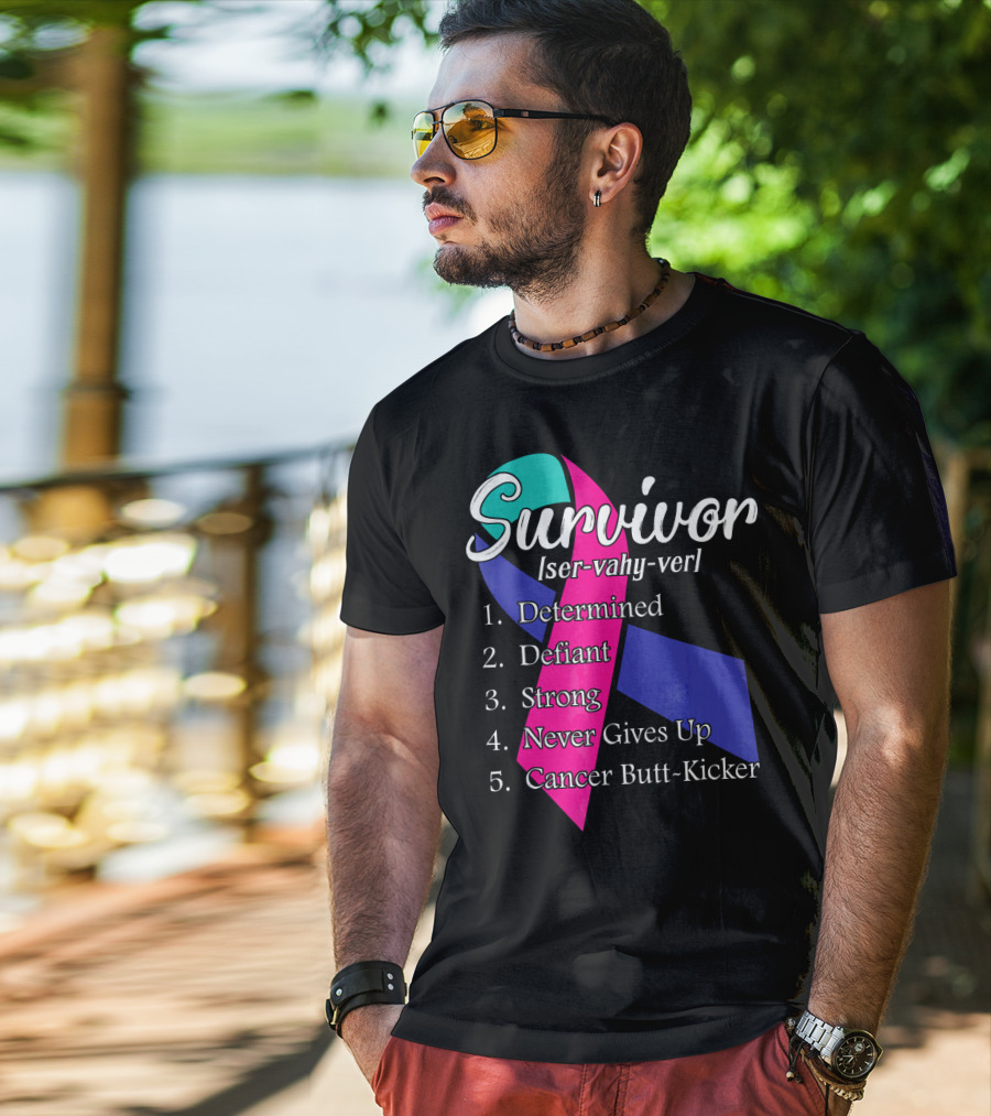 Survivor Defined: Determined, Defiant, Strong, Never Gives Up, Cancer Butt-Kicker T-Shirt