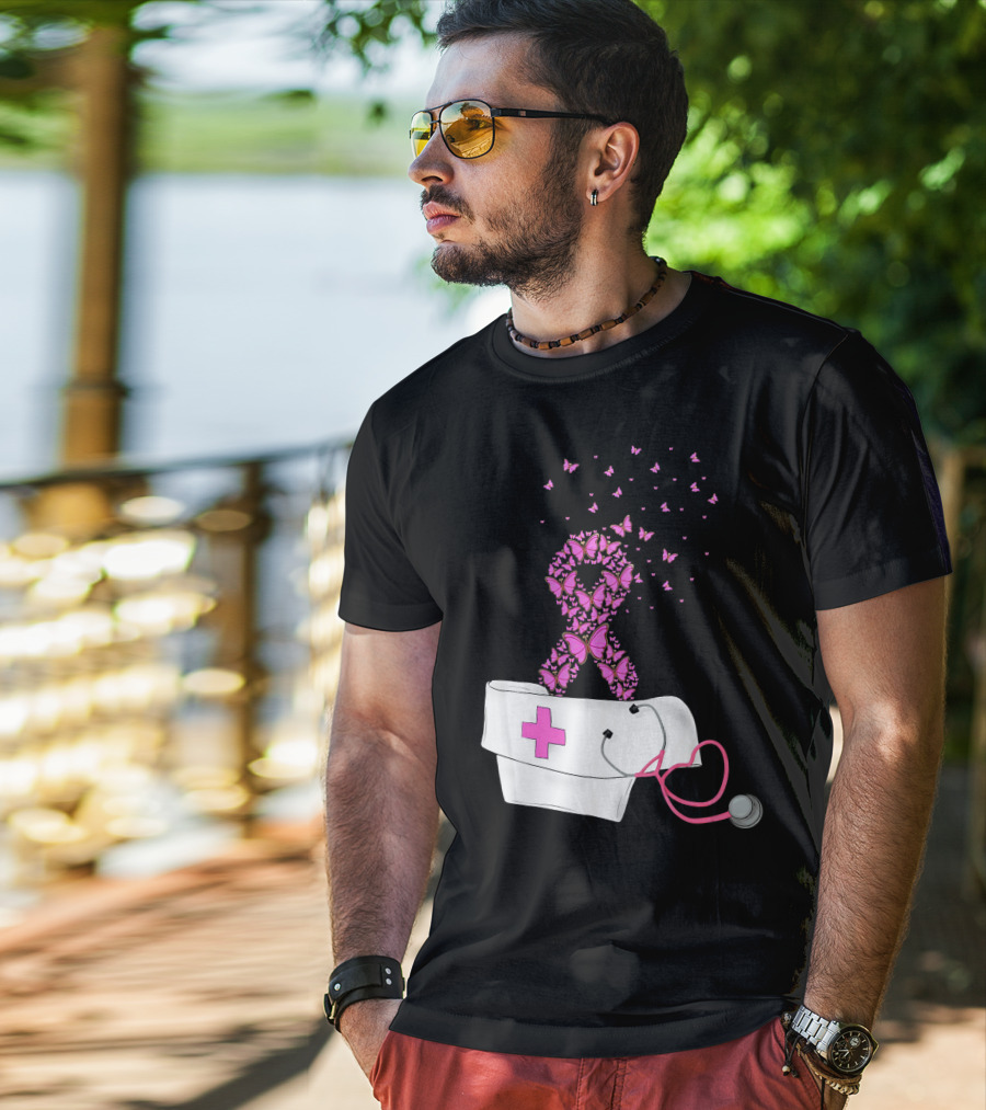 Breast Cancer Awareness Pink Butterfly Ribbon Nurse Doctor Stethoscope Hat T-Shirt